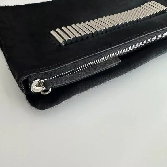 Alexander McQueen Black Leather Calf Hair Foldover Oversized Clutch